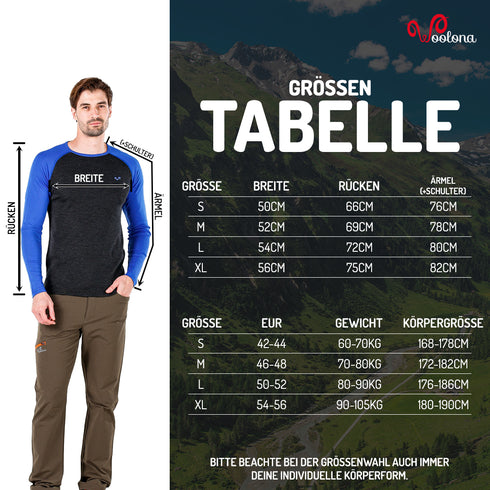 GrĂśĂentabelle fĂźr Merino Baselayer fĂźr Herren mit farbigen Ărmeln